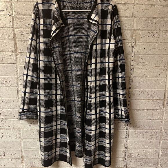 Hannah Full Length Black White Blue Plaid Cardigan Medium - Picture 2 of 10